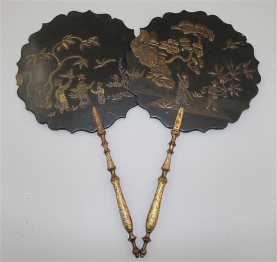 A pair of Regency papier mache hand screens, 16.5in.